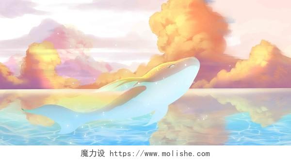 梦幻橙黄色海洋唯美海豚大海海报背景展板背景海洋背景